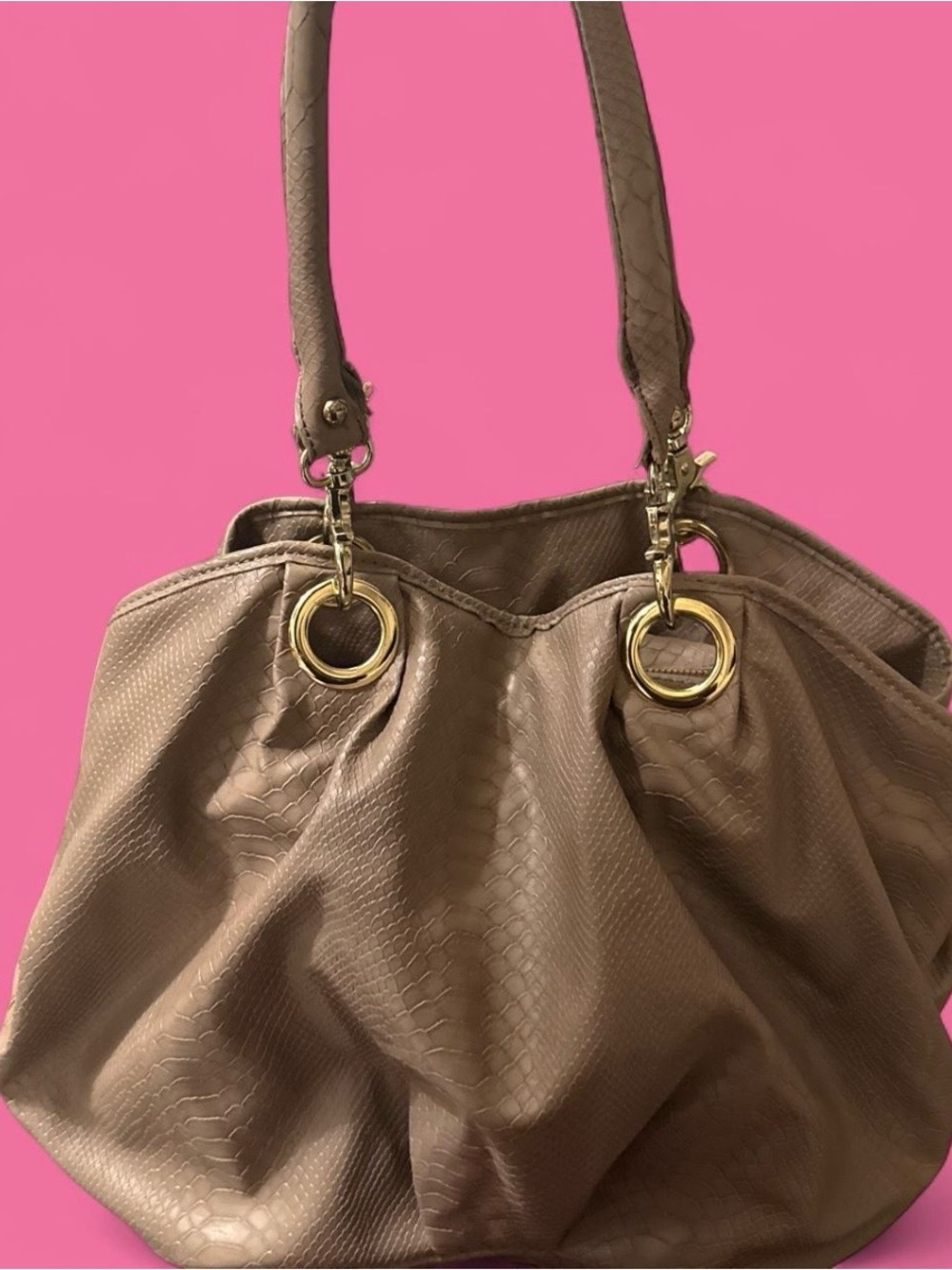 Taupe Textured Shoulder Bag with Gold Hardware